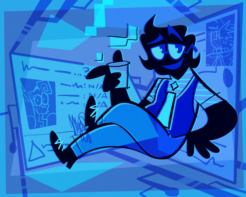 Aidan floating in front of many holographic screens