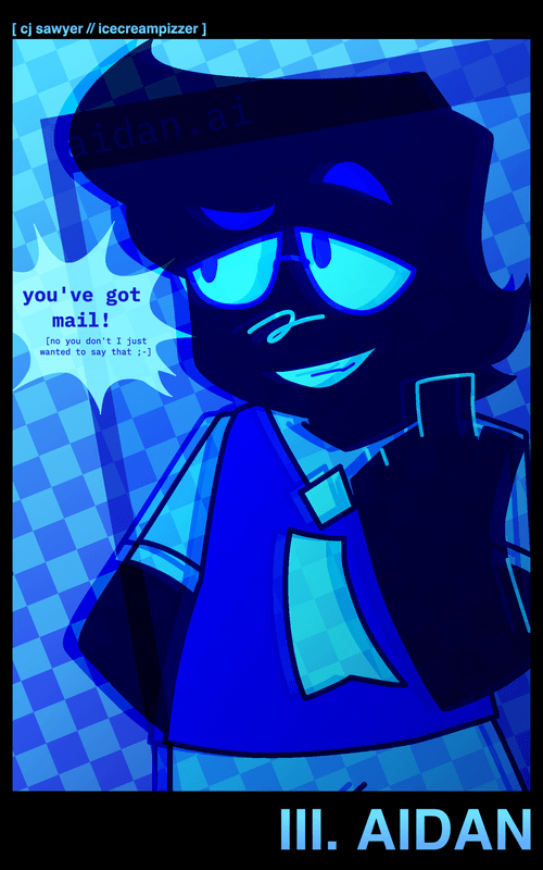 Framed halfbody of Aidan saying you've got mail!