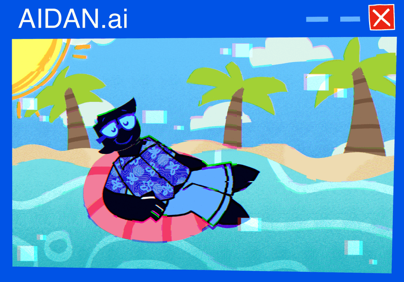 Aidan reclining on an inflatable donut on a beach, inside a computer window